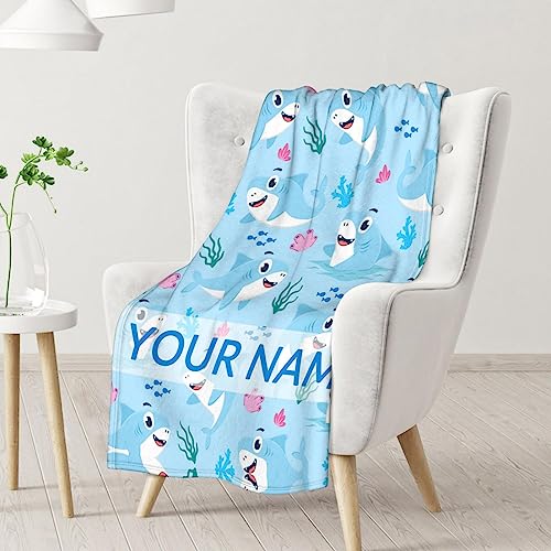 Personalized Shark Blanket Gifts with Name - 60"x80" Cute Throw Blanket for Kids & Adults - Blue Soft Fuzzy Blankets for Bed, Couch & Living Room