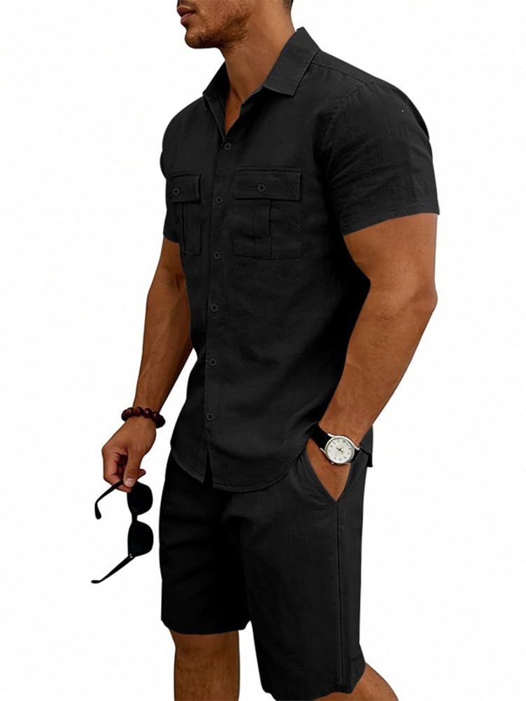 Ensemble Homme Ete Chemise Lin Manches Courtes et Short Set Jogging Ensembles Survêtement Tenue Plage Décontracté 2 Pièces