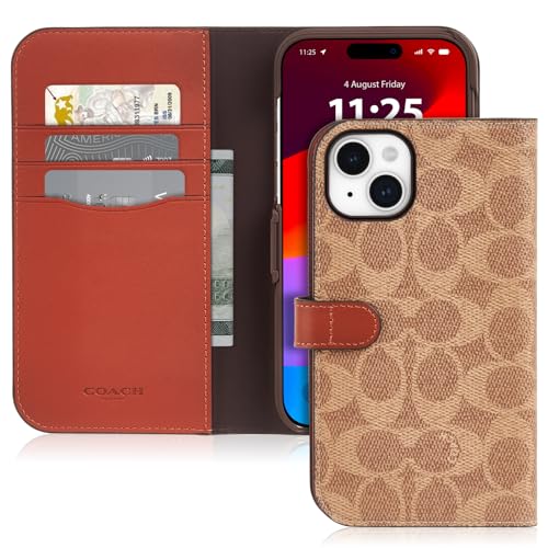 Coach Signature Canvas Two Piece Detachable Wallet Folio iPhone 15 Plus Case, Compatible with Wireless Charging - Signature Tan