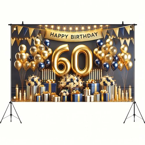 Image of BlissYard Happy 60th Birthday Backdrop Gold and Navy Blue Balloon Banner Birthday Sign Photography Background 60 Year Birthday Party for Women Birthday Party Decorations Photo Booth 71x 43 Inch