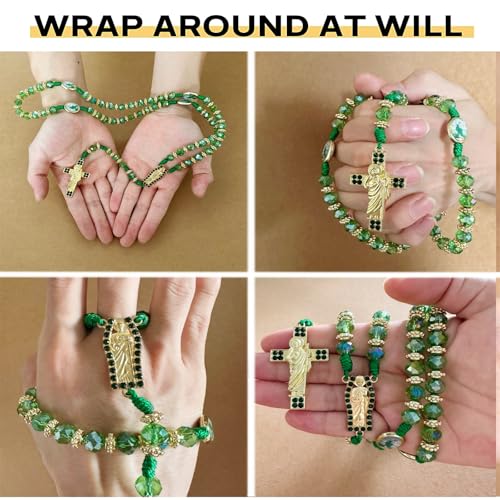Exquisite Rosary Saint Jude Cross Pendant Mexican Necklace - Braided Cord Green Crystal beads Chain, Charm Accessories for Men and Women, Catholic St Jude Elegant Religious Jewelry Gift Idea3