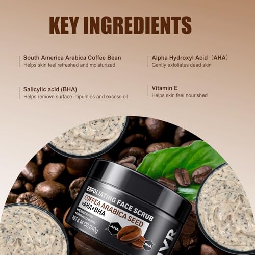 Image of JVR Face Scrub for Men, Facial Scrub for Deep Exfoliating, Cleansing Blackheads, Ingrown Hair, Pre-shave Soften, Organic Formulated with Coffee Extract, AHA and BHA Face Exfoliator (8.46 oz)