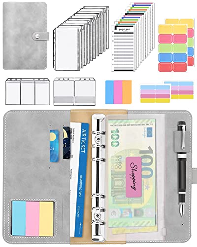JEJA Budget Planner, 6 Löcher Budget Binder Notizbuch, Ringbuch Budget Planner, PU Leder Ringbuchordner, A6 PU Leder Notizbuch Ordnermit 12 budget planner geldumschläge (Hellgrau) Cover