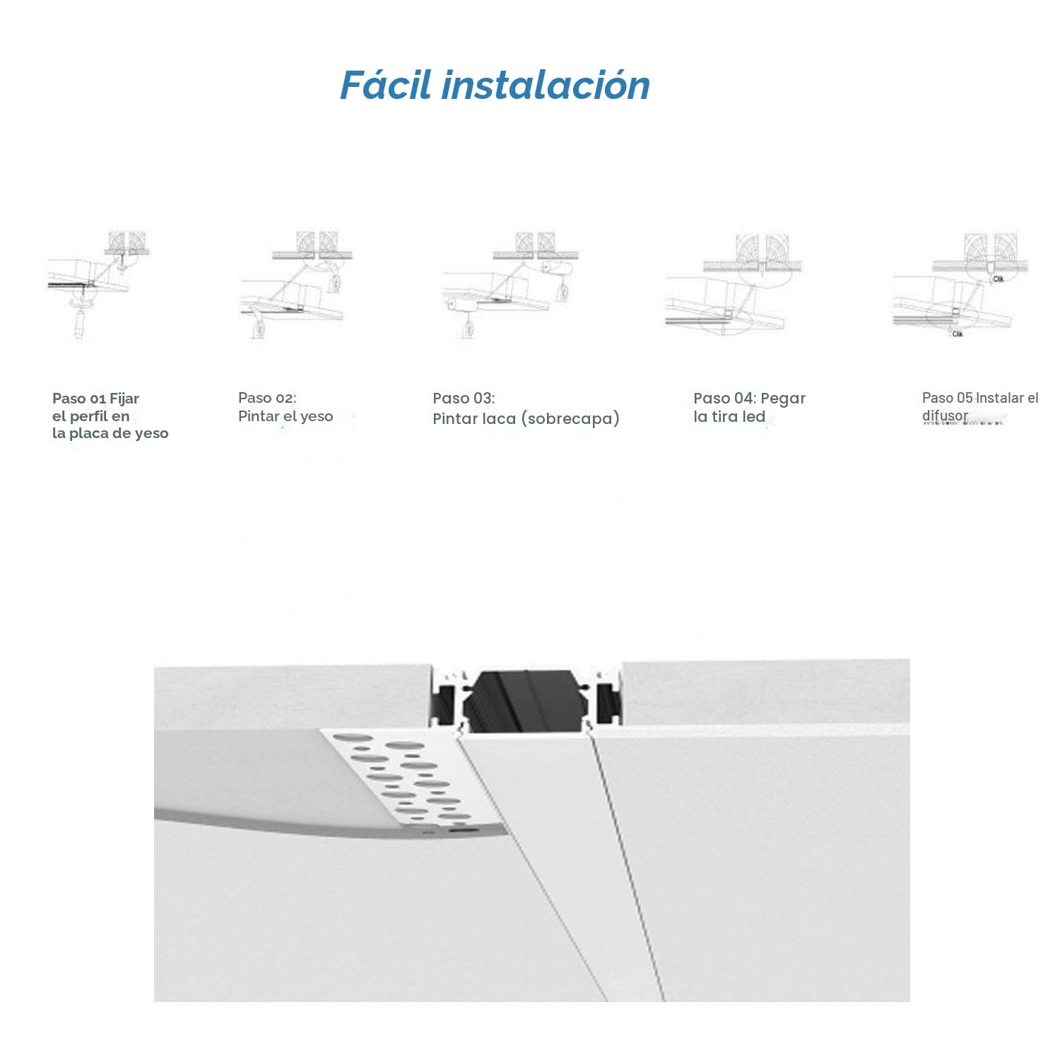 Besseto Perfil de yeso en perfil LED, paquete de 6 perfiles difusores de luz LED de yeso de 1 m, canal de perfil LED de aluminio para pared y techo