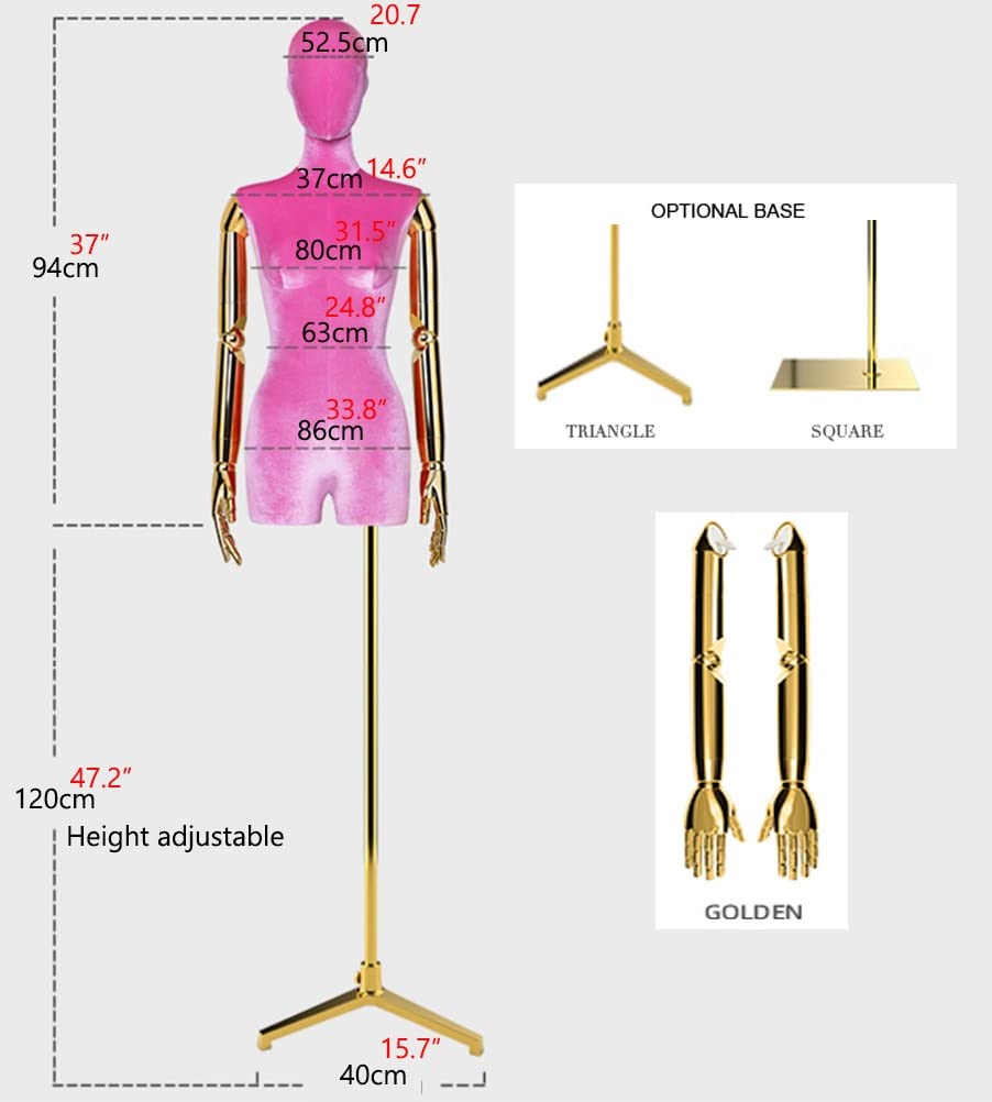 Manichino femminile con treppiede regolabile per cucito e gioielli, braccia dorate, ideale per sarti e appassionati di moda