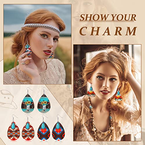 Batiyeer 25 Pairs Western Cowboy Earrings Jewelry Set Boho Vintage Handmade Bohemian Turquoise Cow Print PU Leather Wood Teardrop Dangle Earrings for Women4