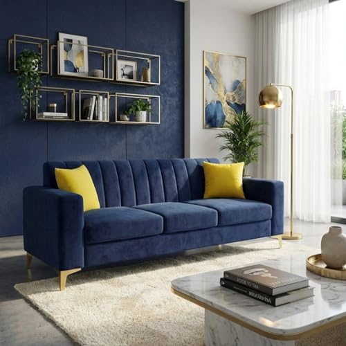 Image of FURNY Alona 3 Seater Fabric Sofa Set (Dark Blue) Premium Velvet Finish Durable & Comfortable| Ideal for Living Room, Offices