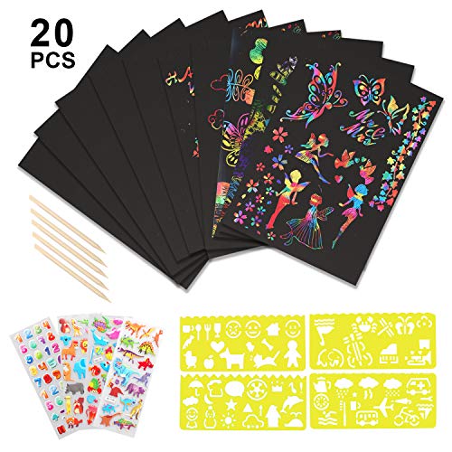 yeestone Scratch Paper Arts for Kids, 20 Stück 27,9 x 17,8 cm große Scratch Arts Rainbow Sketch Pad mit 5 Holzstiften, schwarze Magic Painting Boards Combo Set für DIY Craft Projekt