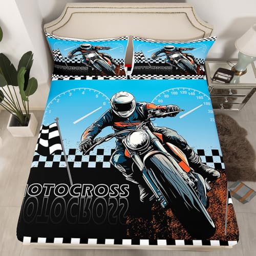 Motocross Fitted Sheet Queen Size Motorcycle Extreme Sports Bedding Set for Kids Boys Teens Cool Dirt Bike Bed Sheet Set Geometric Checkered Flag Bed Cover Room Decor,No Top Sheet