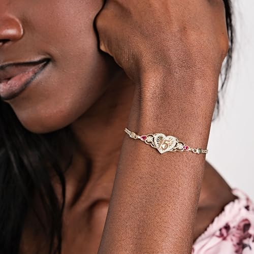 14K Gold Heart Quinceañera Bracelet with 15th Charm, Elegant Gemstone Delicate & Stylish Accessory Jewelry Gift for Women4
