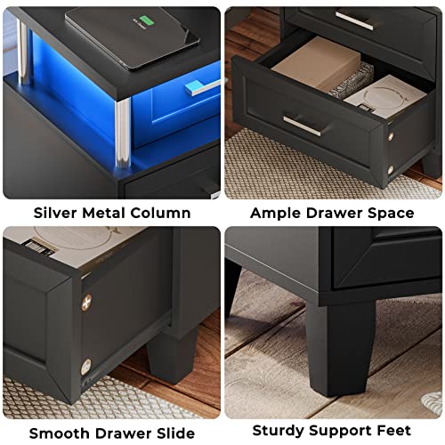 Aogllati Nightstand With Charging Station And Led Lights, End Side Table With 3 Drawers, Bedside Table For Bedroom With Usb Ports And Outlets, Set Of 2, Black #TOP7