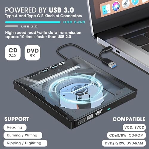 Image of External CD DVD Drive CD /DVD-ROM Burner Player with USB 3.0 /2.0 / USB-C /SD Card Reader, Portable CD /DVD ROM + /-RW Optical Disc Drive for Laptop PC Mac Windows 11 /10 /8 /7 Linux Computer