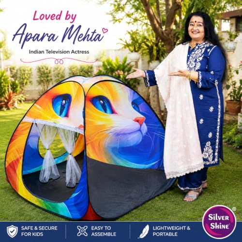 Image of Foldable Play Tent House Big Size for Girl Boys with Cat Theme Pop-Up Indoor & Outdoor Playhouse for Girls Boys Multi Purpose Tent with Fun Patterns Easy Setup & Portable (Orange)