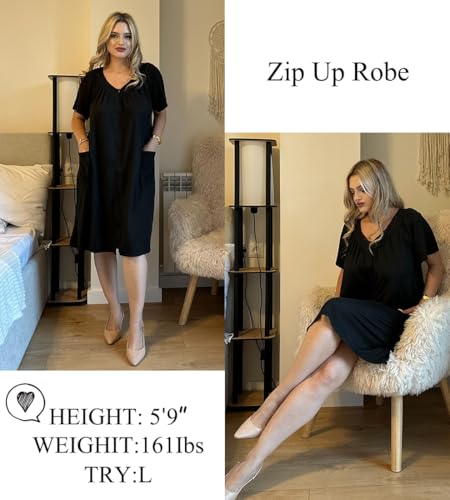 Image of Ekouaer Women Robe Zipper Front Mumu Duster Robes Zip Up Housecoat Soft Sleepwear with Pockets