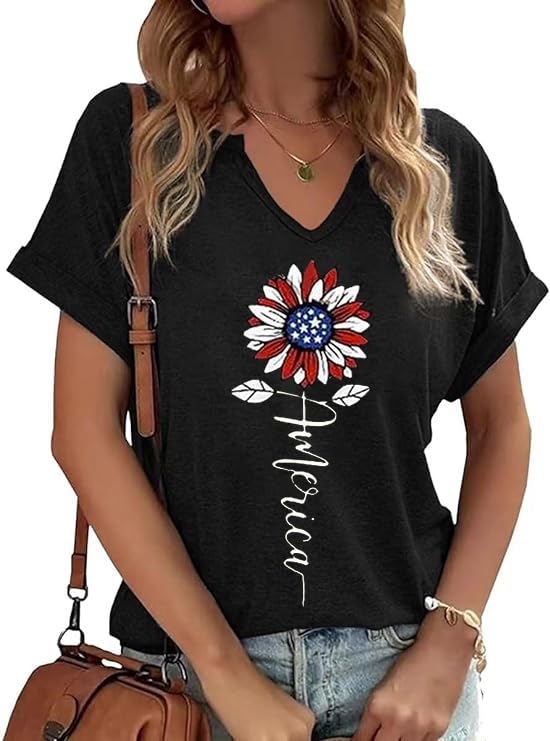 PUCKOLITY American Flag Patriotic T-Shirt Women 4th of July Shirt USA Flag Stars Stripes Graphic Shirt Summer Casual Tops