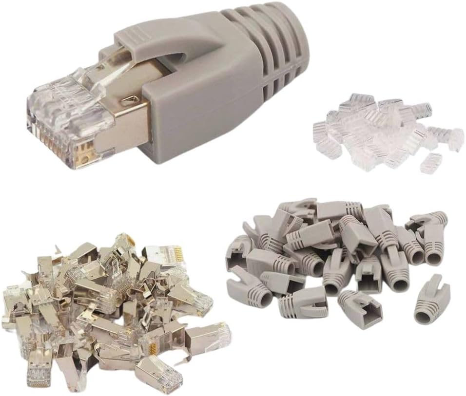 20 Pack CAT7 Shielded RJ45 Connector Cat6A, Cat7 Cable STP Solid and Stranded Ethernet Wire Cat7 Modular Plug comes with 20 Load Bar and 20 CAT7 RJ45 Boots (GREY)