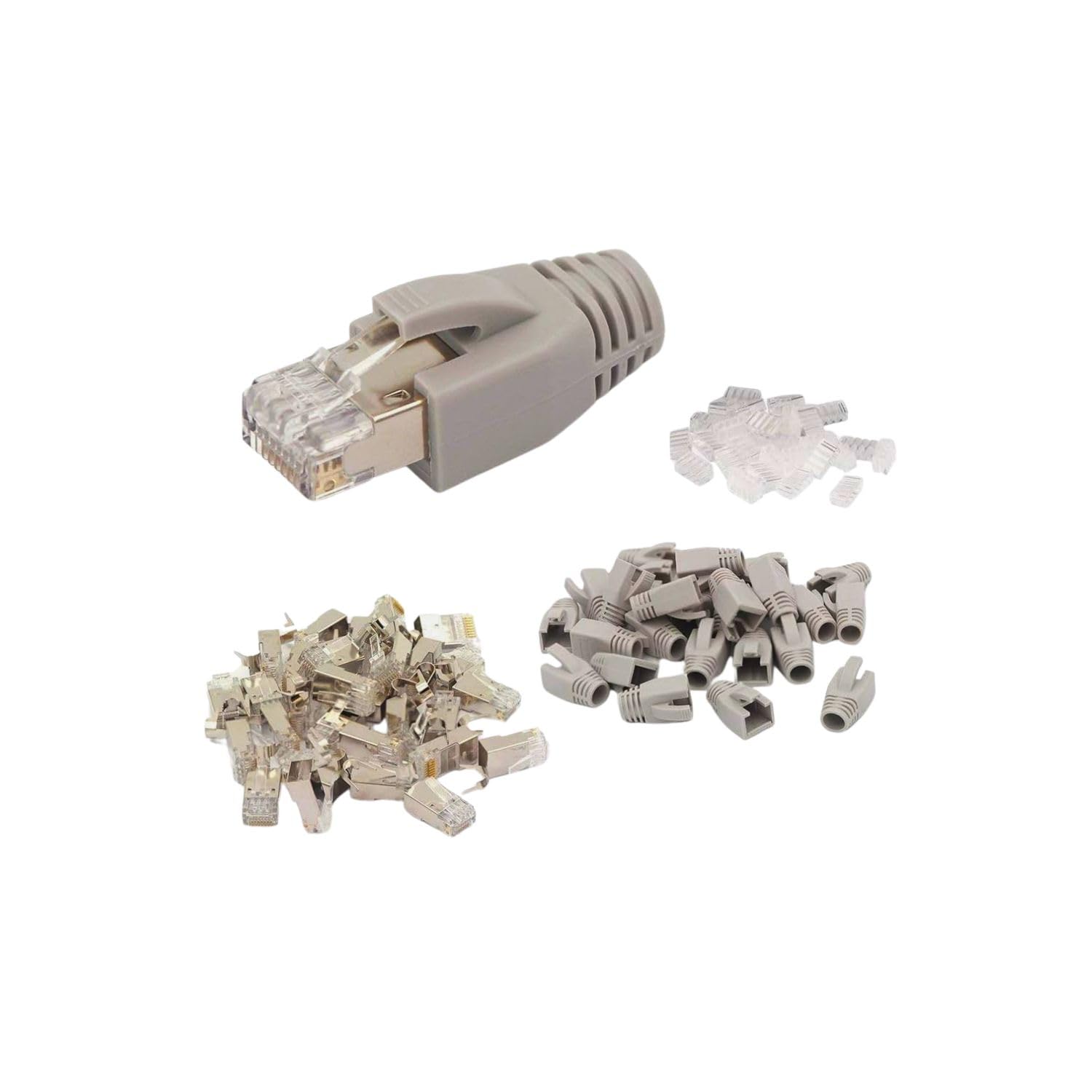 DKURVE® 20 Pack CAT7 Shielded RJ45 Connector Cat6A, Cat7 Cable STP Solid and Stranded Ethernet Wire Cat7 Modular Plug comes with 20 Load Bar and 20 CAT7 RJ45 Boots (GREY)