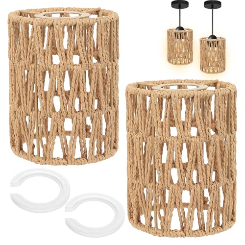 2 Pcs Abat Jour Rotin, 15cm Abats-jours Bohème, Abat Jour Plafond en osier tressé en corde pour plafonnier, salon, cuisine, chambre, couloir, avec 2 bagues...