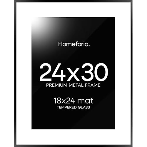 Homeforia 24x30 Poster Frame Black, High End Metal 24 x 30 Picture Frames with Mat 18 by 24 inches Photo, 24x30 Black Frame Matted to 18x24 Print, 30x24 Large Frame, Tempered Glass, Wall Kit, Set of 1