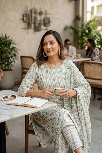 Image of MIRCHI FASHION Pure Cotton Women Straight Print & Thread Embroidery Kurti Set with Dupatta & Pant