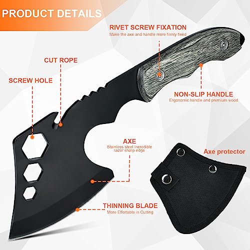 Aicharynic Survival Axt & Camping Beil - Outdoor Freizeitbeil Handbeil Klein für Camping, Survival, Jagd, Trekking, Garten - Mit Kopftasche, Holz Griff – Bild 3