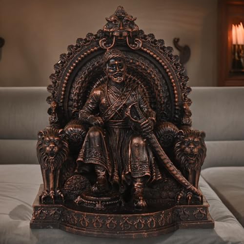 Image of KariGhar Sihasan Shivaji Maharaj Idol Perfect for Car Dashboard and House Warming Antic Silver