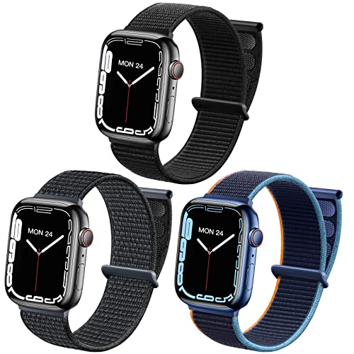 Ouwegaga Sport Solo Loop Compatible avec Bracelet Apple Watch 45mm 44mm 42mm, Bracelet en Nylon élastique Souple Strap Tressé Compatible avec iWatch Série 7/6/5/4/3/2/1 SE,Noir/Sidéral Gris/Bleu