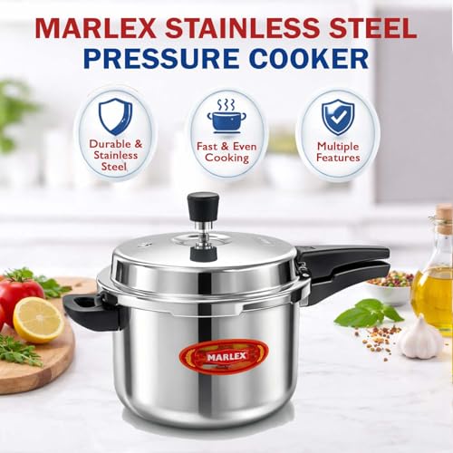 Image of Marlex 3 Litre Triply Stainless Steel Pressure Cooker with Outer Lid | Steel Cooker with 3 Layer Triply body, Gas Stove & Induction Base Triply Pressure Cooker, ISI Certified - 5 Year Warranty