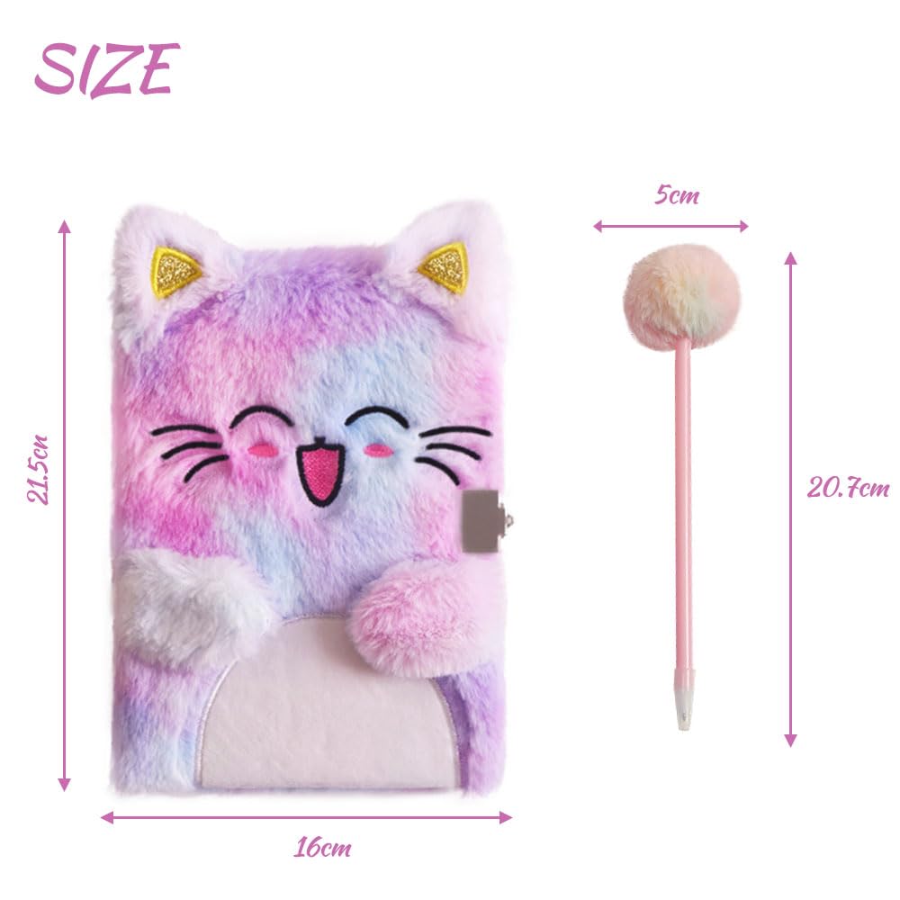 Belegao Secret Diary with Lock for Girls Fluffy Journal with Lock Keys Pen Rhinestone Stickers Plush Secret Diary Notebook Set for Home School Travel Writing (Smile Cat Purple Tie-Dye) - Image 2
