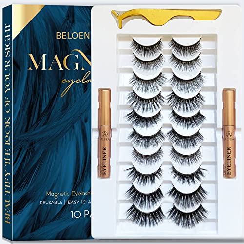 BELOEN Magnetic Lashes with Eyeliner and Tweezers, 10 Pairs Reusable Magnetic Eyelashes and 2 Tubes of Waterproof Magnetic Eyeliner Kit