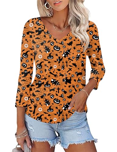 KTILG Halloween Shirt Blouses for Women Dressy Casual 3/4 Sleeve V Neck Tops Fall Loose Fit Halloween Candy L