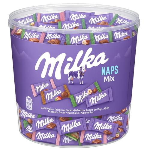 Milka Naps Mix – Mini-Schokoladentäfelchen in 4 Sorten: Alpenmilch, Erdbeer, Haselnuss, Crème au Cacao – 1 x 1kg