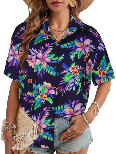 Image of Women Hawaiian Shirt Button Down Summer Tops Beach Short Sleeve Blouse