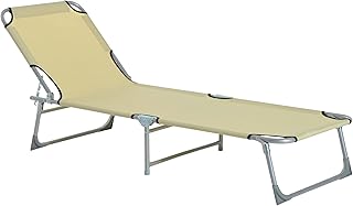 Outsunny Reclining Sun Lounger Chair Folding Camping Bed with 4-Position Adjustable Backrest, for Travel Indoor Outdoor Office Fishing, Beige