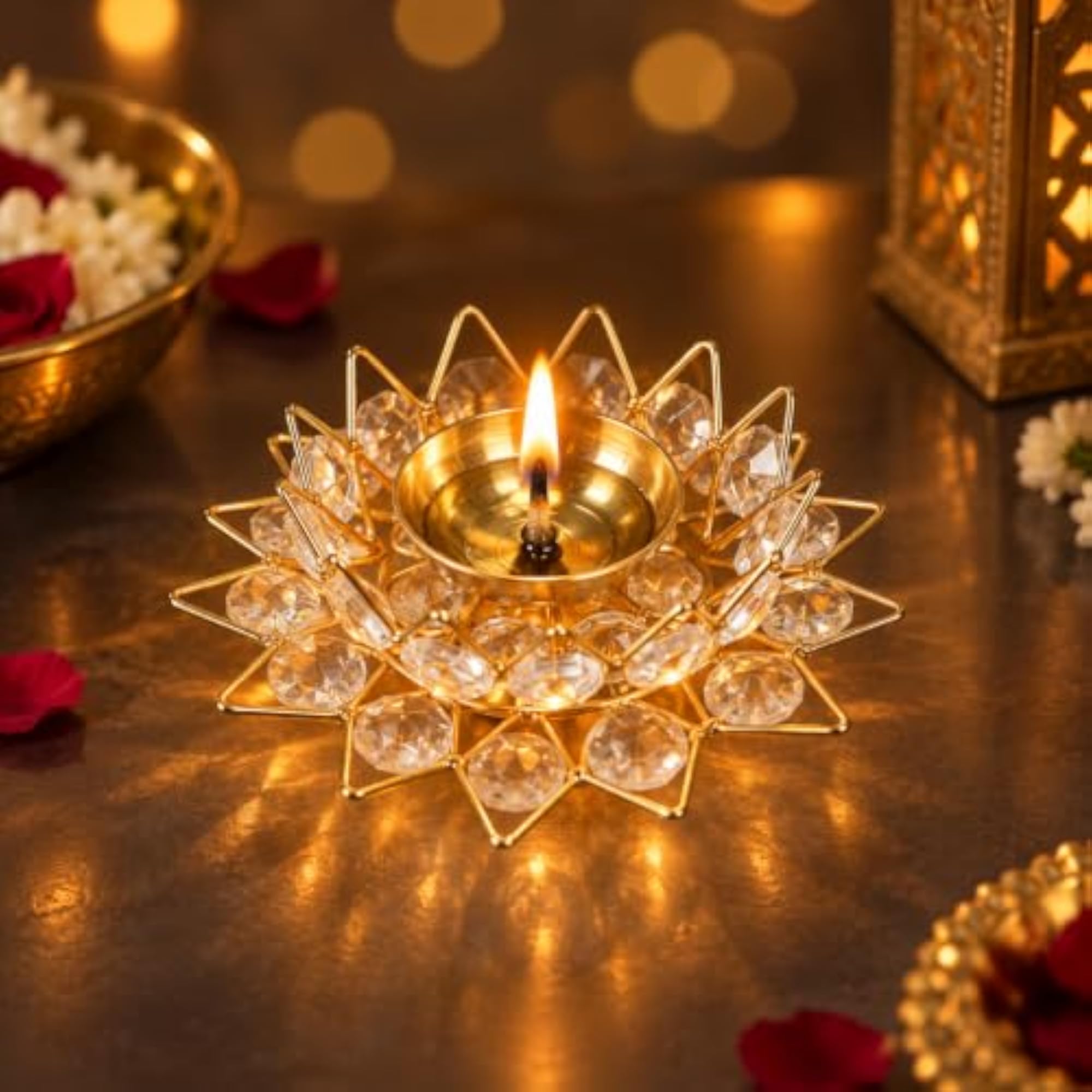 Golden Lotus Shaped Crystal Brass Diya, Diwali Decoration