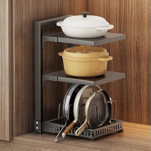 LIVIA鍋収納 フライパン 収納 キッチン用多機能収納ラック フロアスタンド 家庭用 鍋具多段収納ラック 野菜・シンク下収納 用 鍋置きラック 高さ調節可能 耐荷重 簡単組立 省スペース 多機能 防錆 (3段,ブラック)