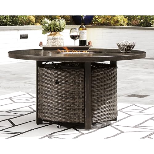 Image of Signature Design by Ashley Paradise Trail Traditional Nuvella Weather Resistant Fabric Outdoor Fire Pit Table and 4 Chairs, Beige & Dark Brown
