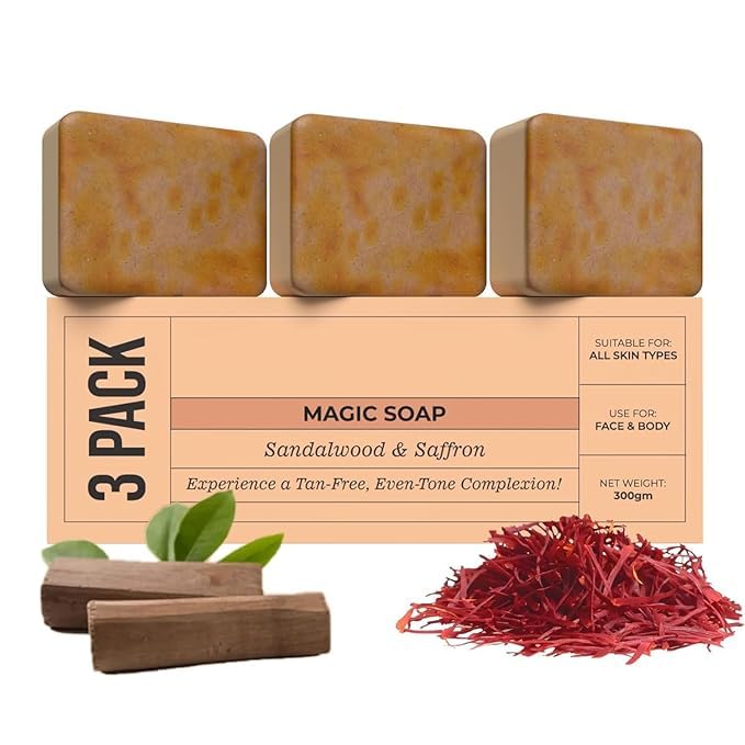 Image of Bendist Export Ghar Magic Soap Tan Removal Pack Of 3 | Chandan & Kesar Bath Soap | Handmade Soaps For Glowing | De-tan Remover Skin Brightening For Men & Women