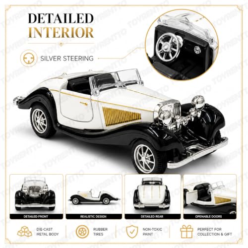 Image of 1:36 Scale Die-Cast Vintage Roadster Car Model, 13 cm Pull-Back Toy Car with Openable Doors, Rubber Tyres and Detailed Interior, Collectible Display Gift, White and Black