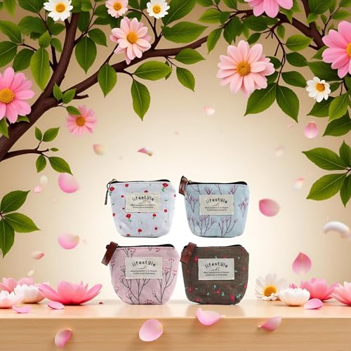 4Pcs Colour Coin Purse, Mini Canvas Change Purse Coin Pouch with Flower Pattern, Portable Purse Holder Girls with Zipper for Cash, Coin, Keys, Credit Card, ID Card Wallets and Money Organizers3