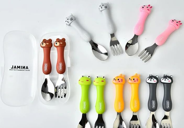 Image of Tableware Cartoon Kids 1 Spoon and 1 Fork Set, Dessert Spoon for Children, Pasta Fork Baby Cutlery for Kids, Stainless Steel Body with Polypropylene Handles (Random Design, Yellow)