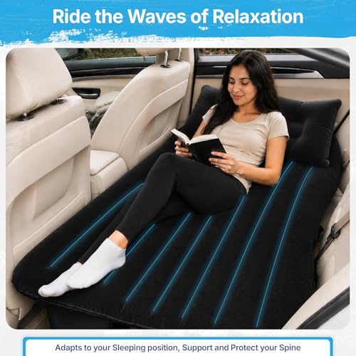 Image of Car Inflatable Bed for Back Seat, Portable SUV Air Mattress with Electric Pump, Thick Flocked Surface, Travel Sleeping Mattress for Camping, Road Trips, Outdoor Adventures