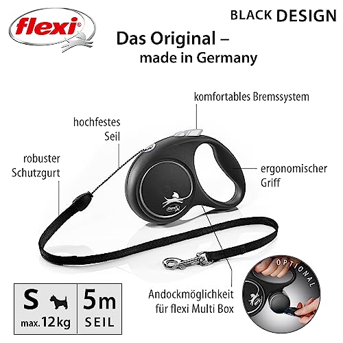 flexi® Black Design S Seil 5 m schwarz/Silber, Roll-Leine für Hunde bis 12 kg