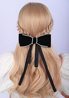 مشبك شعر مخملي اسود فاخر من تشيروجرافي مرصع باحجار الراين اللامعة، شريط بشراشيب ذيل طويل، حامل ذيل الحصان الكبير، مشبك شعر معدني للنساء (اسود)