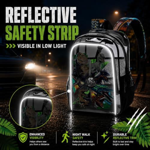 Image of WZLVO Clear Backpack for Kids Boys, 16 inch Heavy Duty PVC Transparent Bookbag with Frame Reflective Strip, Cute See Through School Bags for Elementary Preschool - Awesome Dinosaur Black