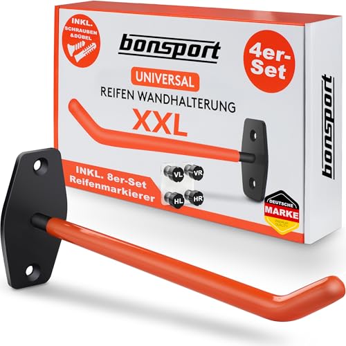 bonsport Wandhaken Reifen 4er Set - Belastbar bis 25kg - Autoreifen Wandhalterung für 4 Felgen - Reifenhalter Felgenhalter Wand Halterung - Reifen Aufhänge Garage