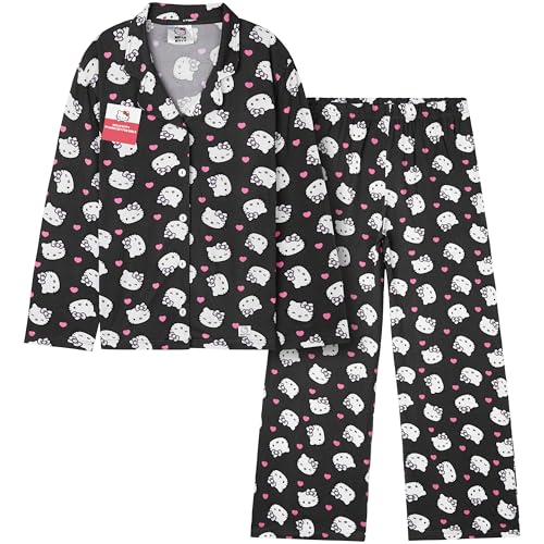 Hello Kitty Sanrio 2 Pc Pajamas Set for Girls Teens, Top, PJ Pants, Kawaii Lounge Set, Kuromi Cute Sleepwear Gifts for Girls (11-12 Years, Black Hello Kitty)