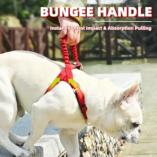 Image of PUPTECK No Pull Dog Harness for Large Dogs, Adjustable Reflective Pet Vest Harness with Bungee Handle, Escape Proof No Choke Harness for Large Dogs Walking Training, Red L