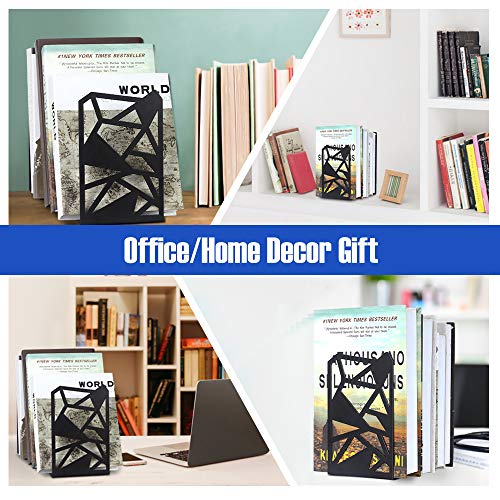 Bookends, Bookends for Shelves, veecom Geometric Book Ends for Office, Metal Bookends for Heavy Books, Decorative Book Holders for Shelves, Non Skid Book Stoppers/Stand (Black-3 Pair) - Thumbnail 5