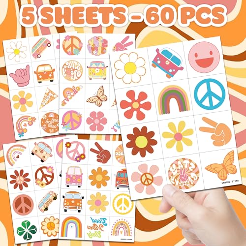 Image of 60 PCS Groovy 70s Retro Temporary Tattoos for Kids - Pre-Cut Retro 60s